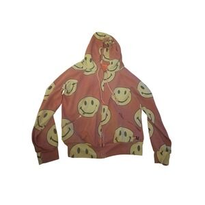 Aviator Nation Smiley Face All Over Print Zip Up Hoodie Pink Coral Mens Medium